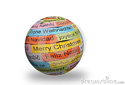 Merry Christmas different languages on 3d sphere Stock Photo