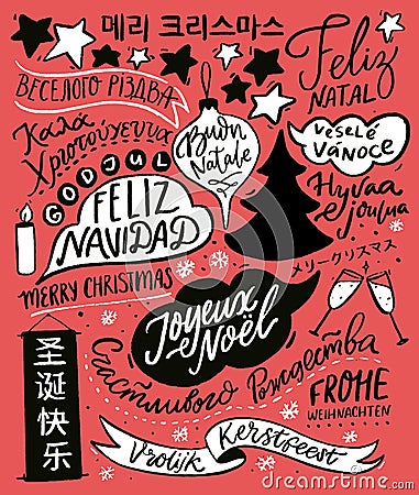 Merry Christmas in different languages. Greeting card design with hand lettering text, international winter holidays Vector Illustration