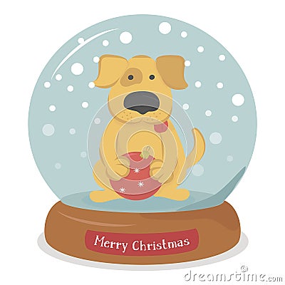 Merry Christmas dog with Christmas ball in snow globe and snowflakes. Vector Illustration