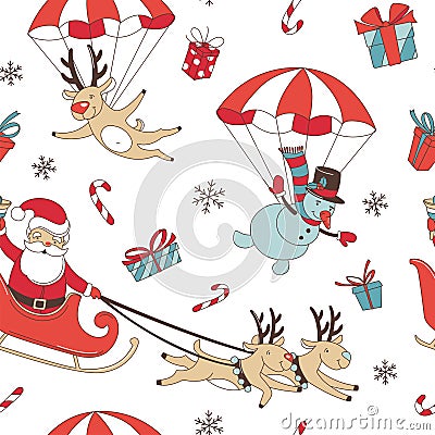 Merry Christmas doodle seamless pattern background. Santa Claus with deers and snowman, decoration and presents Vector Illustration