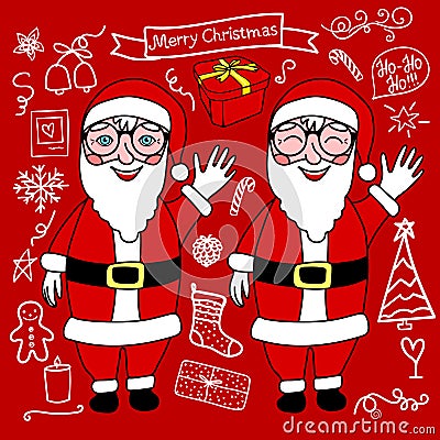 Merry Christmas Doodle Set and Santa Claus. Vector white hand drawing holiday cute elements isolated on red background Vector Illustration