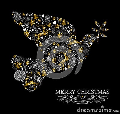 Merry christmas dove bird silhouette gold reindeer Vector Illustration