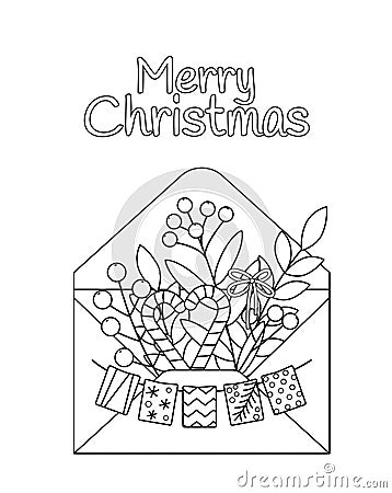 Merry Christmas envelope coloring page. Black and white letter, candy cane, berries. Vector Vector Illustration