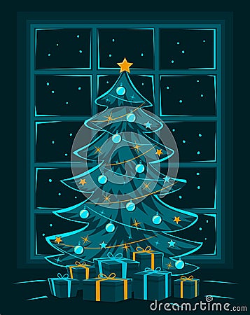 Merry Christmas Eve and Night, Happy New Year seasonal winter greeting card Vector Illustration