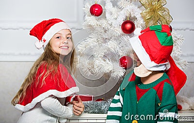Merry christmas. Family holiday tradition. Children cheerful celebrate christmas. Siblings ready celebrate christmas or Stock Photo