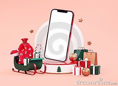 Merry Christmas festive banner with mobile phone mockup blank screen and holiday decoration on a cream background in 3D Cartoon Illustration