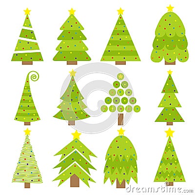 Merry Christmas Fir tree icon set. Round ball light bulb. Yellow star. Cute cartoon green different triangle simple shape form. Vector Illustration