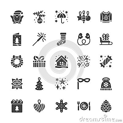 Merry Christmas flat glyph icons. Pine tree toys, snowflake, presents on sleigh, card, sparkler, winter house, sweater Vector Illustration