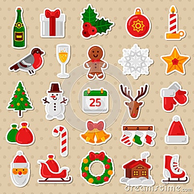 Merry Christmas Flat Icons. Happy New Year Stickers. Stock Photo