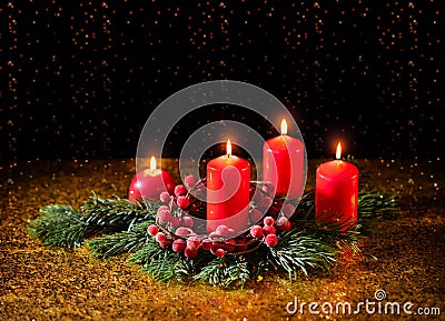 Merry Christmas. Four red burning candles and fir branches Stock Photo