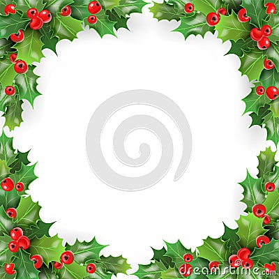Merry Christmas Frame with Mistletoe, Holly Berries. Winter Holidays Greeting Card Template Vector Illustration