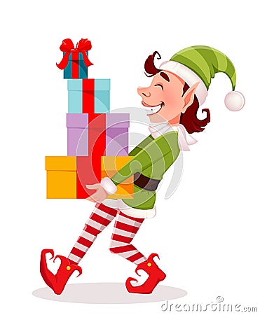 Merry Christmas. Funny Elf carries gift boxes Vector Illustration
