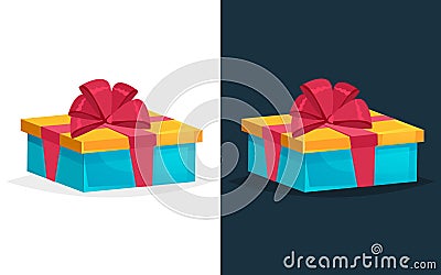 Festive gift in flat, rectangular box with colored pattern, ribbon. Vector Illustration