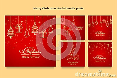 Merry Christmas gift card bundle. Christmas banner on a red background, Christmas balls, star, Xmas tree, Socks, gifts, and Vector Illustration