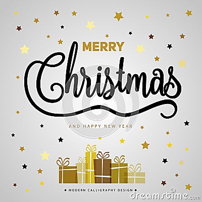 Merry Christmas gift poster. Christmas gold glittering with lettering design. Happy new year design card. Christmas box surprise Cartoon Illustration