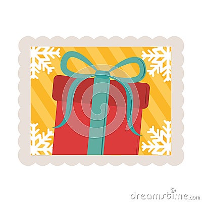 Merry christmas gift with snwoflakes corners decoration stamp icon Vector Illustration