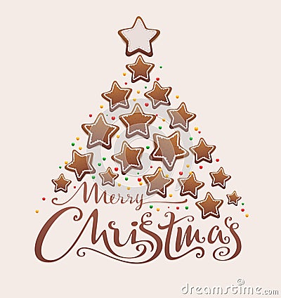 Merry christmas gingerbread tree lettering text greeting card Vector Illustration