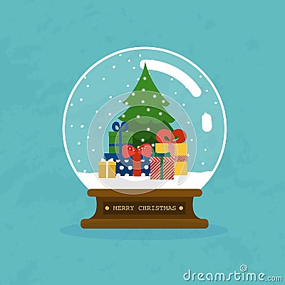 Merry christmas glass ball with christmas tree and gifts. Flat d Vector Illustration