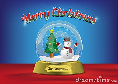 Merry Christmas globe Mr. Snowman with christmas tree Vector Illustration