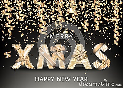 Merry Christmas gold background with decorative letters with gift bows Vector Illustration