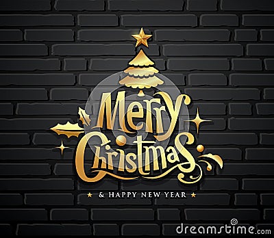 Merry christmas gold message with tree, star, ball on black block wall banner design on black background Vector Illustration