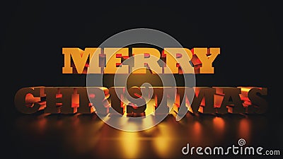 Merry Christmas, golden capitalized text, 3D rendering background, computer generated text for holiday design Stock Photo