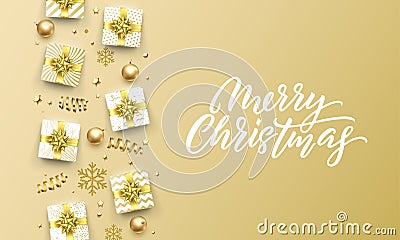 Merry Christmas golden greeting card of gold gifts, stars confetti and snowflakes. Vector premium Christmas design template, calli Vector Illustration