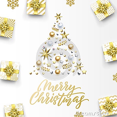 Merry Christmas golden greeting card, Xmas tree gold gifts and calligraphy text. Vector golden snowflakes, stars confetti Vector Illustration