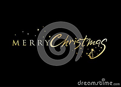Merry Christmas. Golden horizontal inscription on black background. Cartoon Illustration