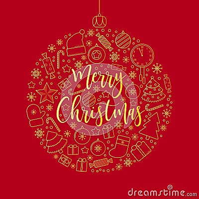 Merry Christmas golden line art object icons. Vector Illustration