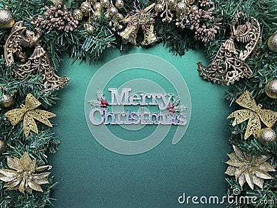 Merry Christmas green and gold theme decors background Stock Photo