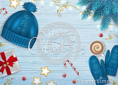 Merry Christmas Greeting Background. Winter Elements fir branches, knitted blue hat, mittens, coffee with foam, paper gift box Vector Illustration