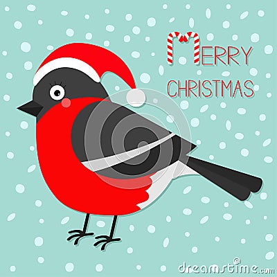 Merry Christmas greeting card. Bullfinch winter red feather bird. Santa hat. Candy cane text. Cute cartoon funny character. Baby Vector Illustration