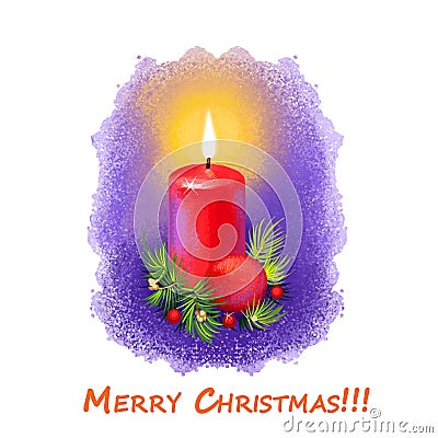 Merry Christmas greeting card with burning candle, spruce tree decoration and bubble ball. Digital art watercolor illustration Cartoon Illustration