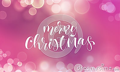 Merry Christmas greeting card and calligraphy lettering on festive sparkling snowflakes light with blur bokeh effect. Vector Chris Vector Illustration