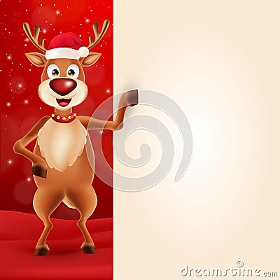 Merry Christmas greeting card with cartoon reindeer Vector Illustration