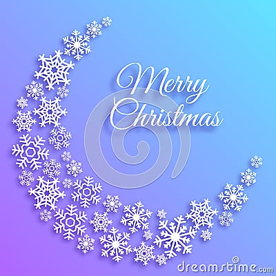 Merry Christmas greeting card with a crescent made of white snowflakes. Xmas holiday vector background template. Elegant Vector Illustration