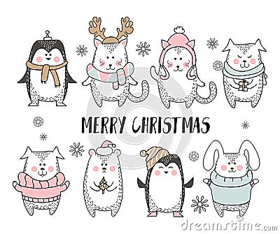 Merry Christmas greeting card with cute animal in scandinavian style. Cute winter animals isolated on white background. Vector Illustration