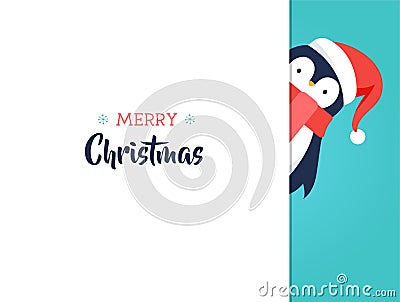 Merry Christmas greeting card with a cute baby penguin Vector Illustration