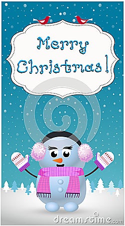 Merry christmas greeting card of cute cartoon snowman girl in ear muffs Vector Illustration