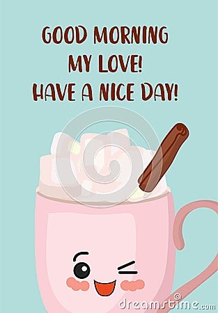Merry Christmas greeting card. Cute kawaii cups. Hot chocolate and cappuccino Vector Illustration