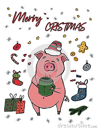 Merry Christmas greeting card with cute piggy. 2019 year of the pig. Happy new year animal holiday cartoon character vector. Vector Illustration