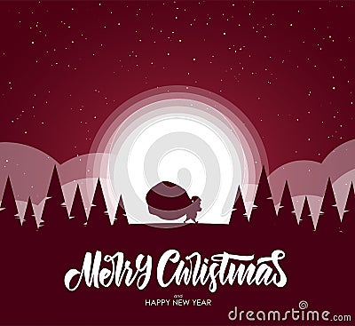 Merry Christmas. Flat cartoon scene. Silhouette of Santa Claus carries a sack full of gifts in forest Vector Illustration