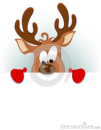 Merry Christmas greeting card with funny reindeer hiding behind Vector Illustration