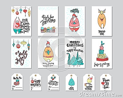 Merry Christmas greeting card and gift tag set with cute bear, santa, deer, gifts, noel and lettering. Vector Illustration