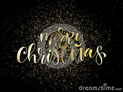 Merry Christmas greeting card of gold glitter confetti or sparkling fireworks on premium luxury black background. Vector golden ca Vector Illustration
