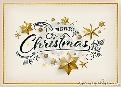 Merry Christmas greeting card with golden star background Vector Illustration