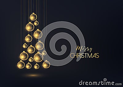 Merry Christmas greeting card with hanging golden decorative baubles in a form of Christmas tree Vector Illustration
