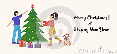 Merry Christmas greeting card. Happy couples, young men and women decorating the Christmas tree. Vector illustration for flyer, Vector Illustration