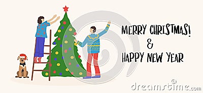 Merry Christmas greeting card. Happy couples, young men and women decorating the Christmas tree. Vector illustration for flyer, Vector Illustration